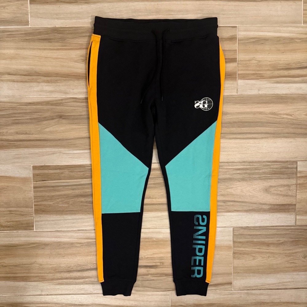 Sniper Gang Apparel Mens Colorblock Joggers Black Teal Orange SG Logo Medium